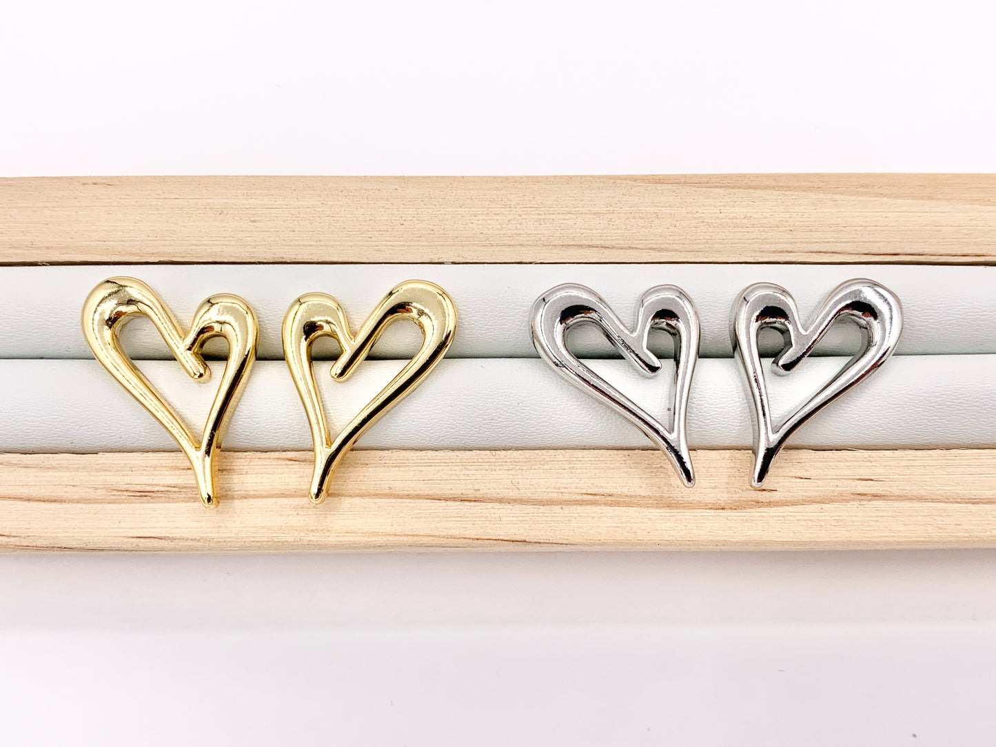 Cute Hollow Heart Earring Stud in Real 18K Gold and Silver Plated Over Copper 5 PAIRS