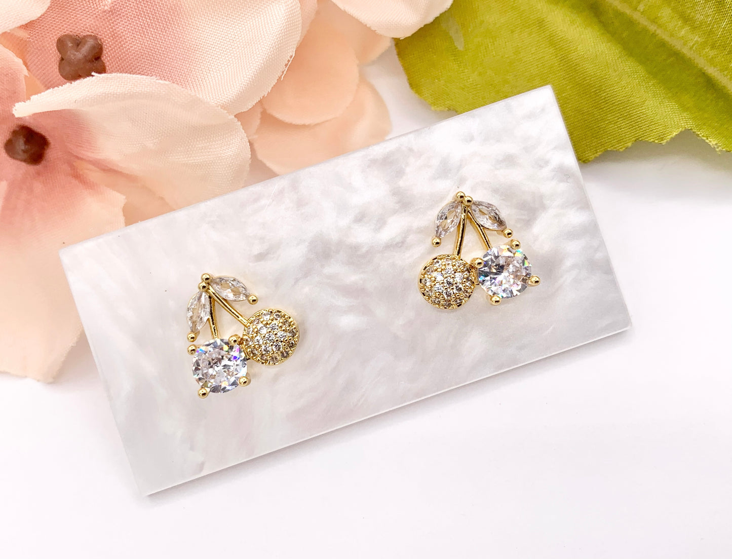 Luxury CZ Pave Cherry Stud Earrings in Real Gold 18K Micro CZ Pave Over Copper 4 PAIRS