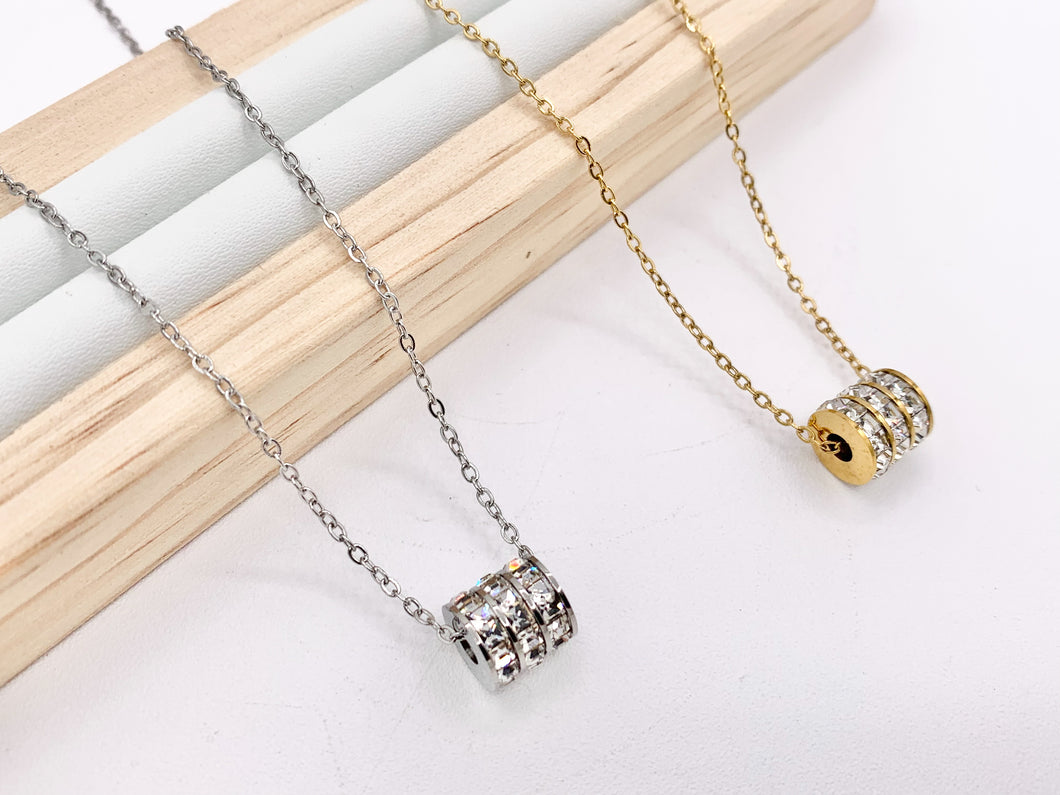 Delicate CZ Barrel Spacer Necklace Gold/Silver Plated Stainless Steel Dainty Flexible Minimalist Finished Necklace 16