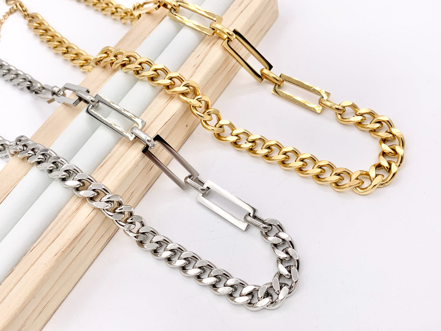 Chunky Curb Necklace Gold/Silver Plated Stainless Steel Finished Necklace 16" with Extension Link