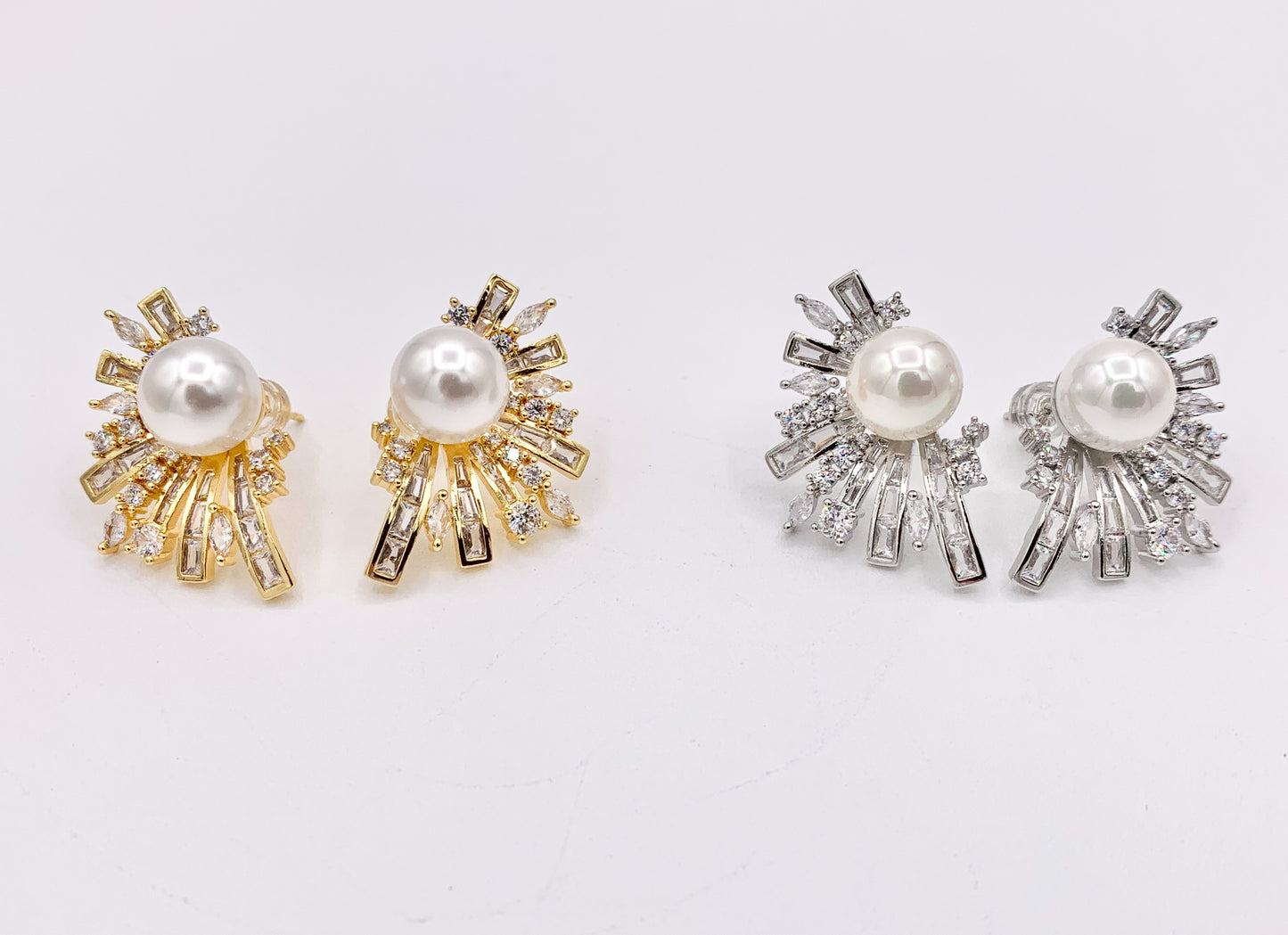 Big Statement Pearl Earrings Real Gold/Platinum 18K Plated Copper CZ Pave Abstract Baguette Radiant Fringe Earring 2 PAIRS