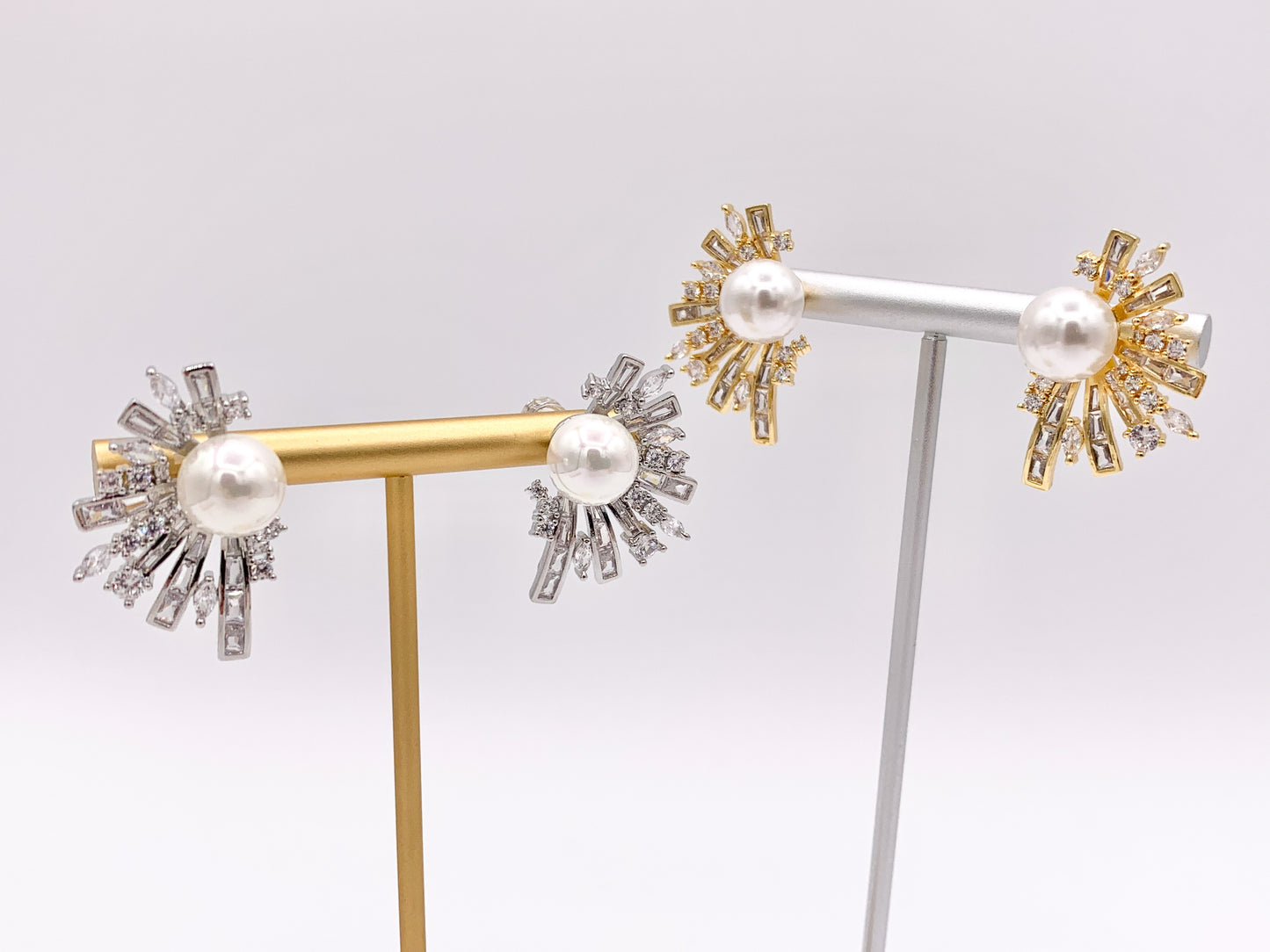 Big Statement Pearl Earrings Real Gold/Platinum 18K Plated Copper CZ Pave Abstract Baguette Radiant Fringe Earring 2 PAIRS