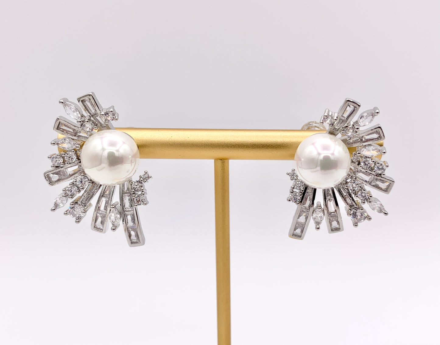 Big Statement Pearl Earrings Real Gold/Platinum 18K Plated Copper CZ Pave Abstract Baguette Radiant Fringe Earring 2 PAIRS