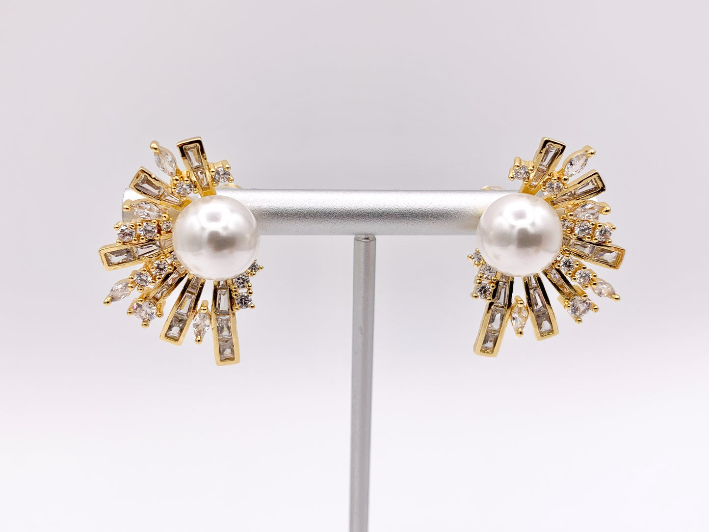 Big Statement Pearl Earrings Real Gold/Platinum 18K Plated Copper CZ Pave Abstract Baguette Radiant Fringe Earring 2 PAIRS