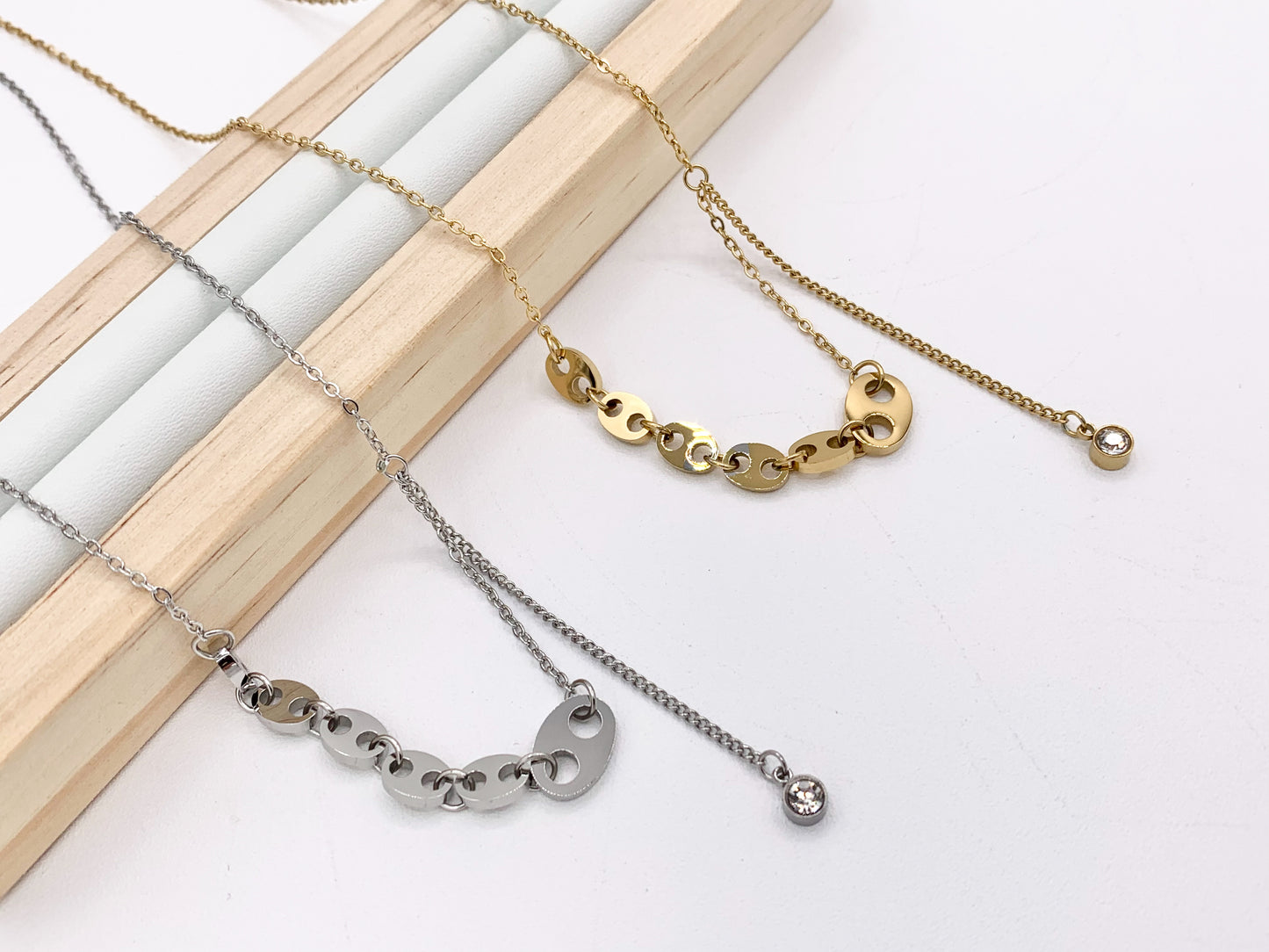 Delicate Coffee Bean Dangle CZ Pendant Necklace Gold/Silver Plated Stainless Steel Finished Necklace 16" with Extension Link