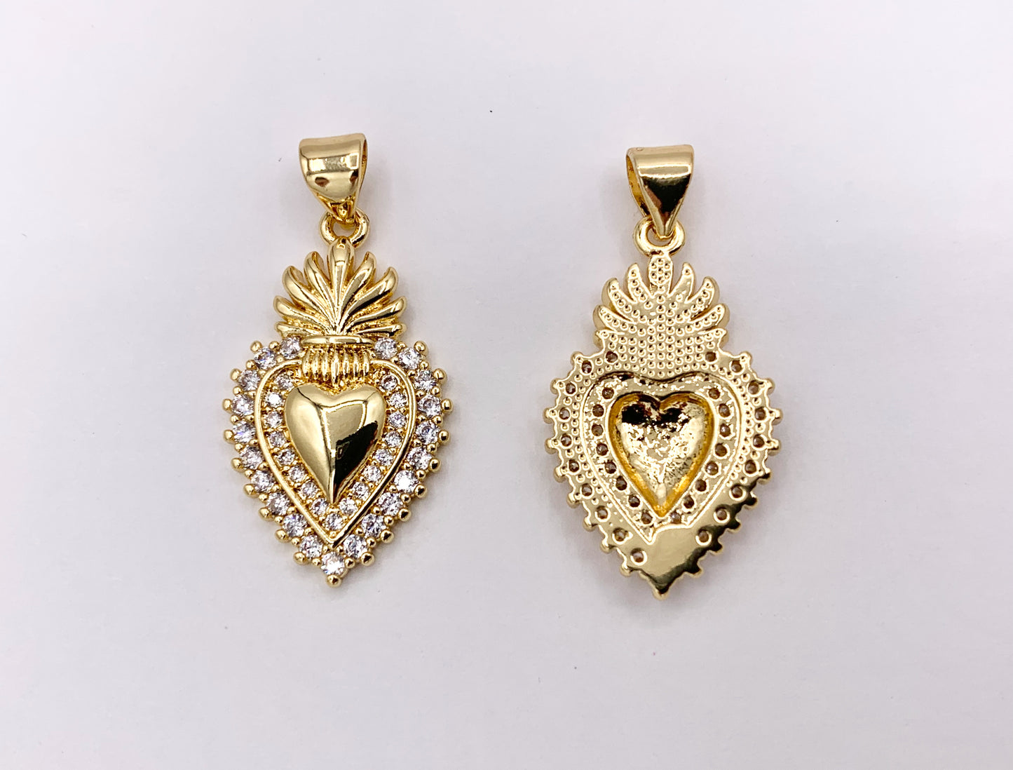 Rhinestone Heart Charm Pendants in CZ Pave 18K Gold Plated Copper 6 PCS