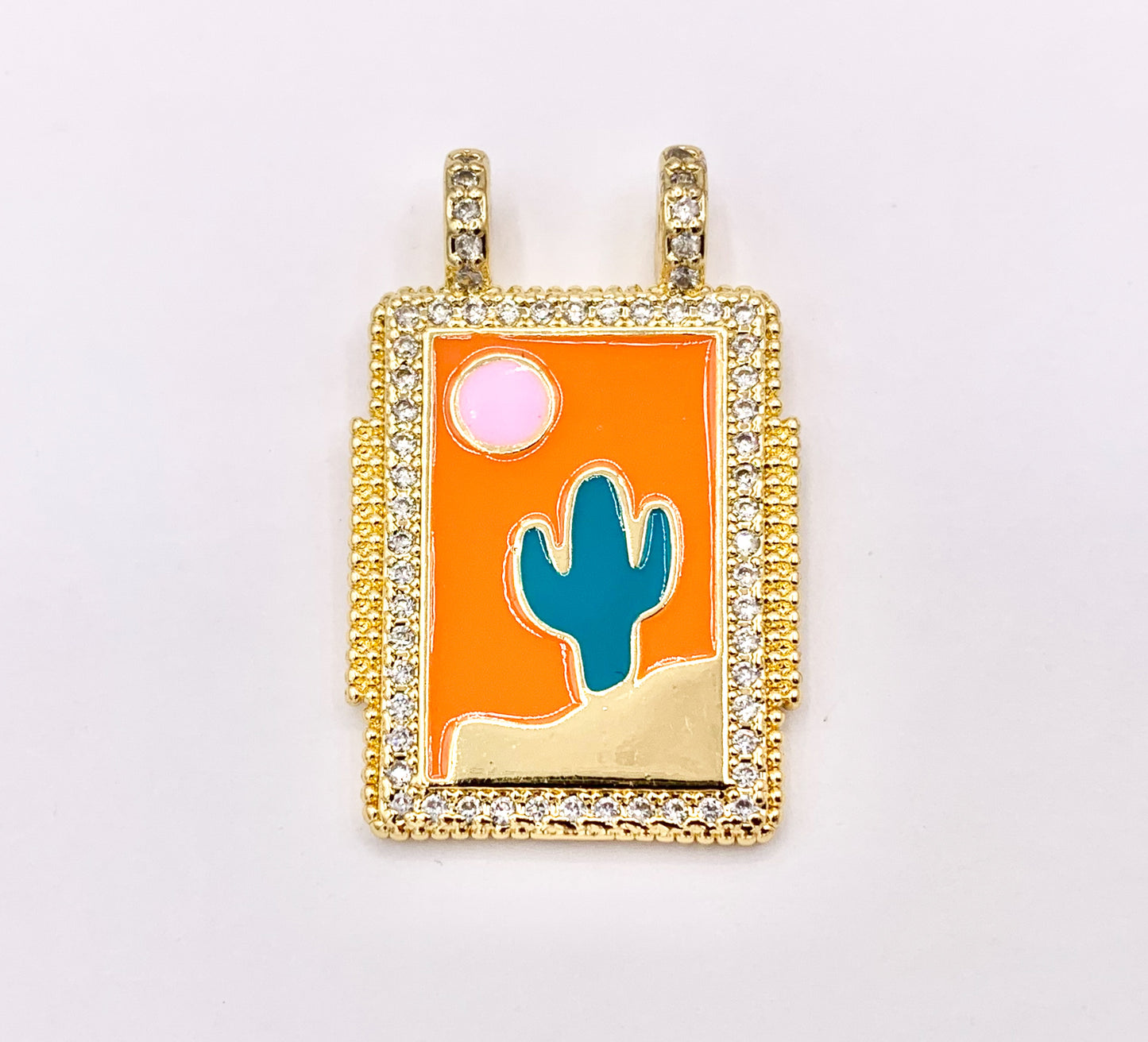 Large Enamel Cactus Rectangle Tag Pendant With 2 Loops in Real Gold 18K Plated Over Copper 5 PCS