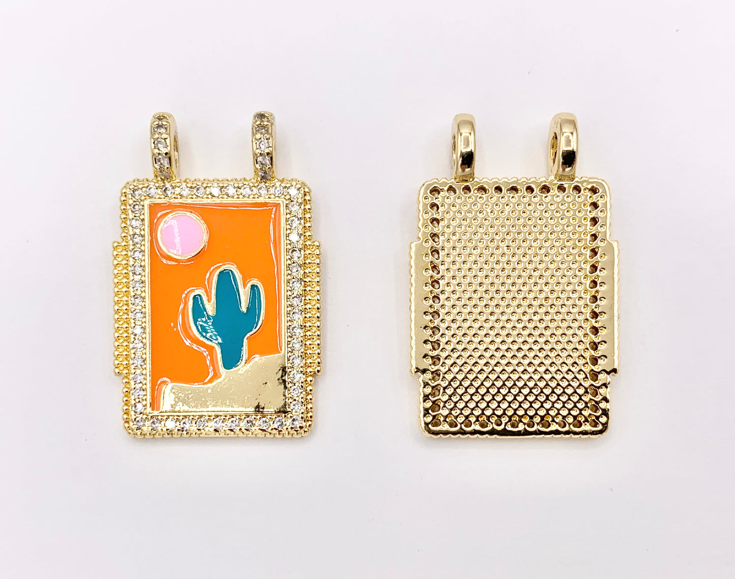 Large Enamel Cactus Rectangle Tag Pendant With 2 Loops in Real Gold 18K Plated Over Copper 5 PCS