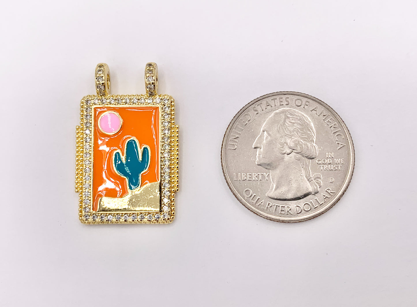 Large Enamel Cactus Rectangle Tag Pendant With 2 Loops in Real Gold 18K Plated Over Copper 5 PCS