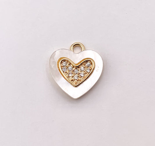 Shell Pearl Heart Charm in CZ Pave Real Gold 18K Plated Over Brass 8 PCS