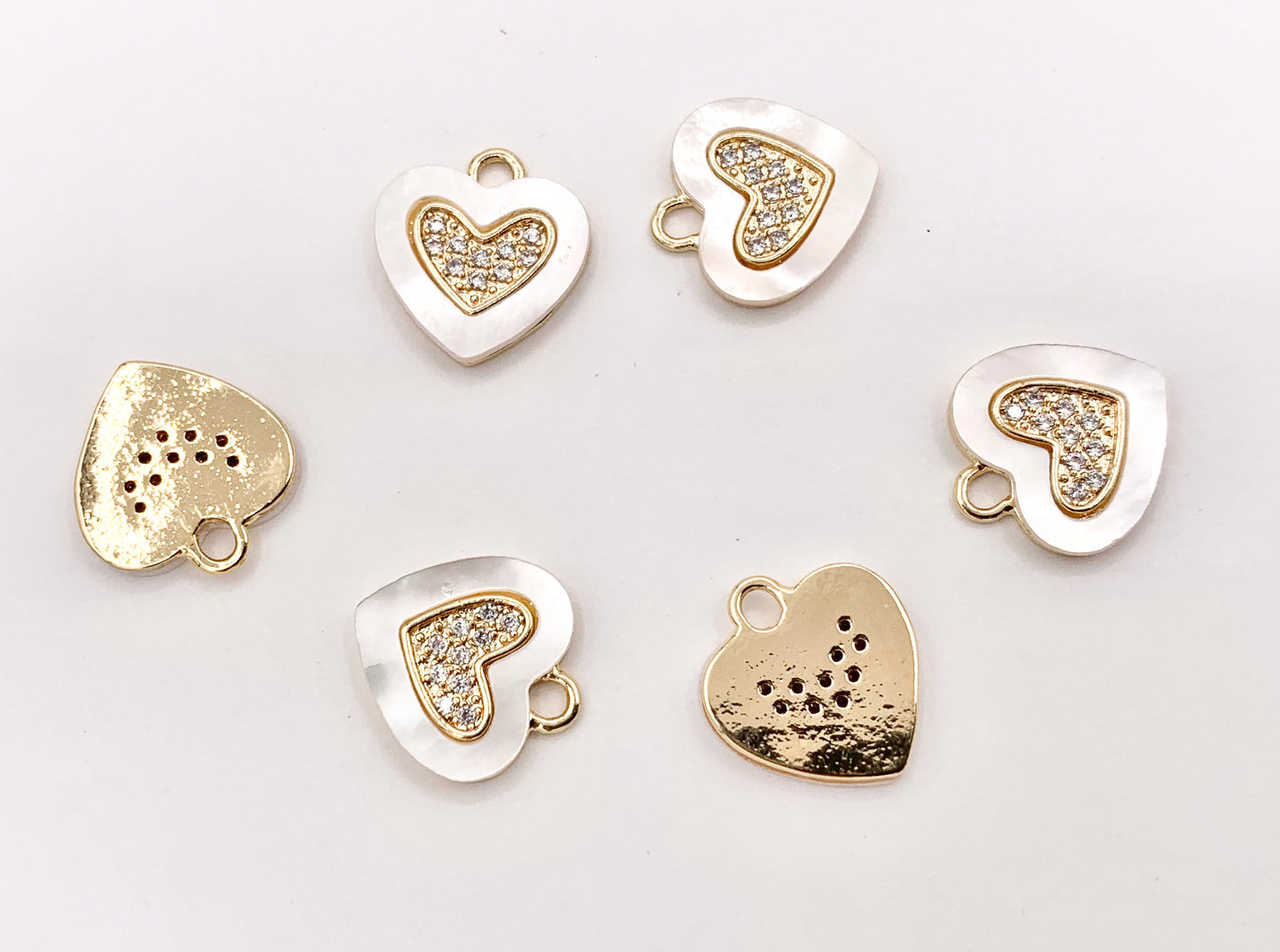 Shell Pearl Heart Charm in CZ Pave Real Gold 18K Plated Over Brass 8 PCS