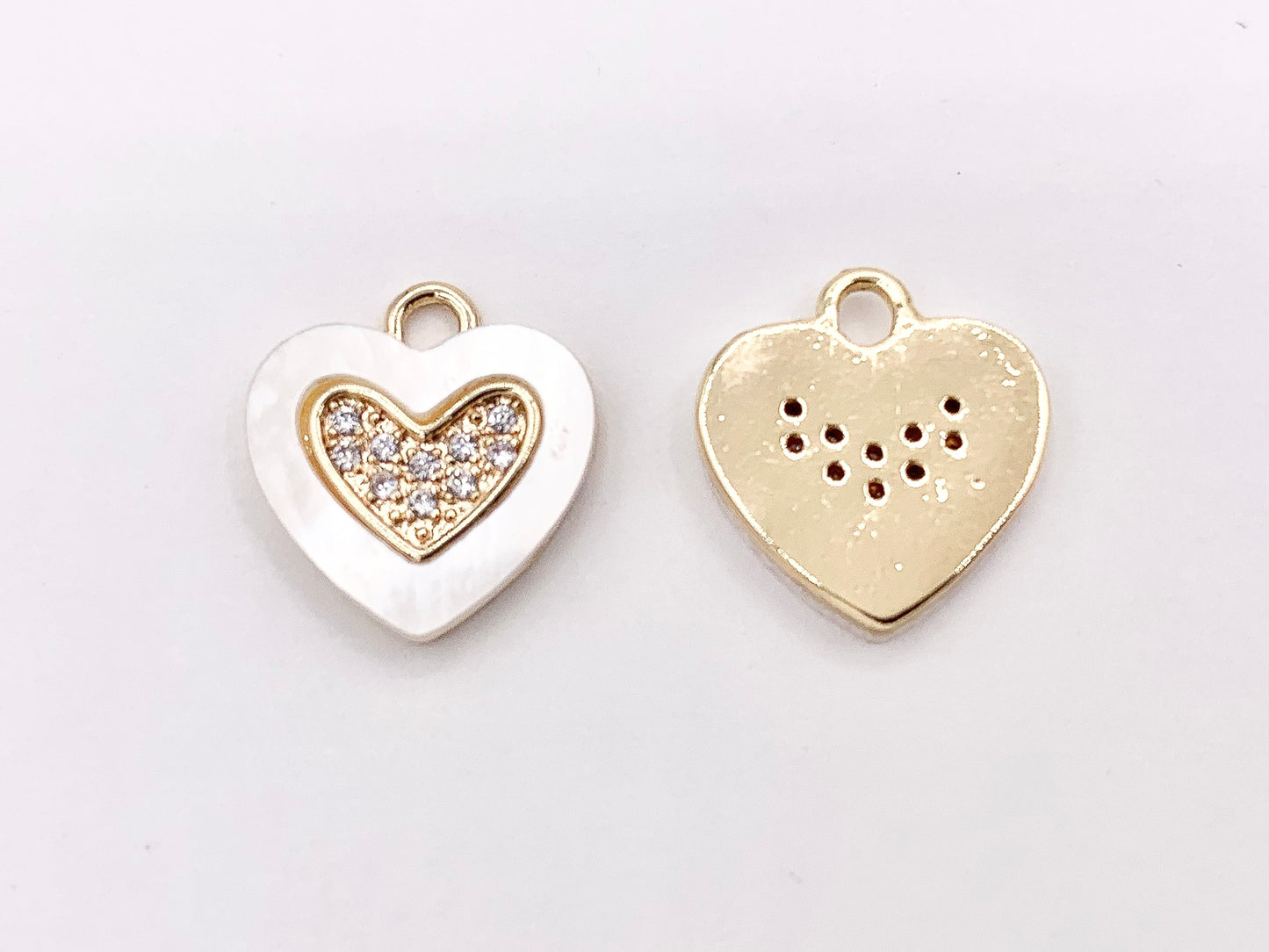 Shell Pearl Heart Charm in CZ Pave Real Gold 18K Plated Over Brass 8 PCS