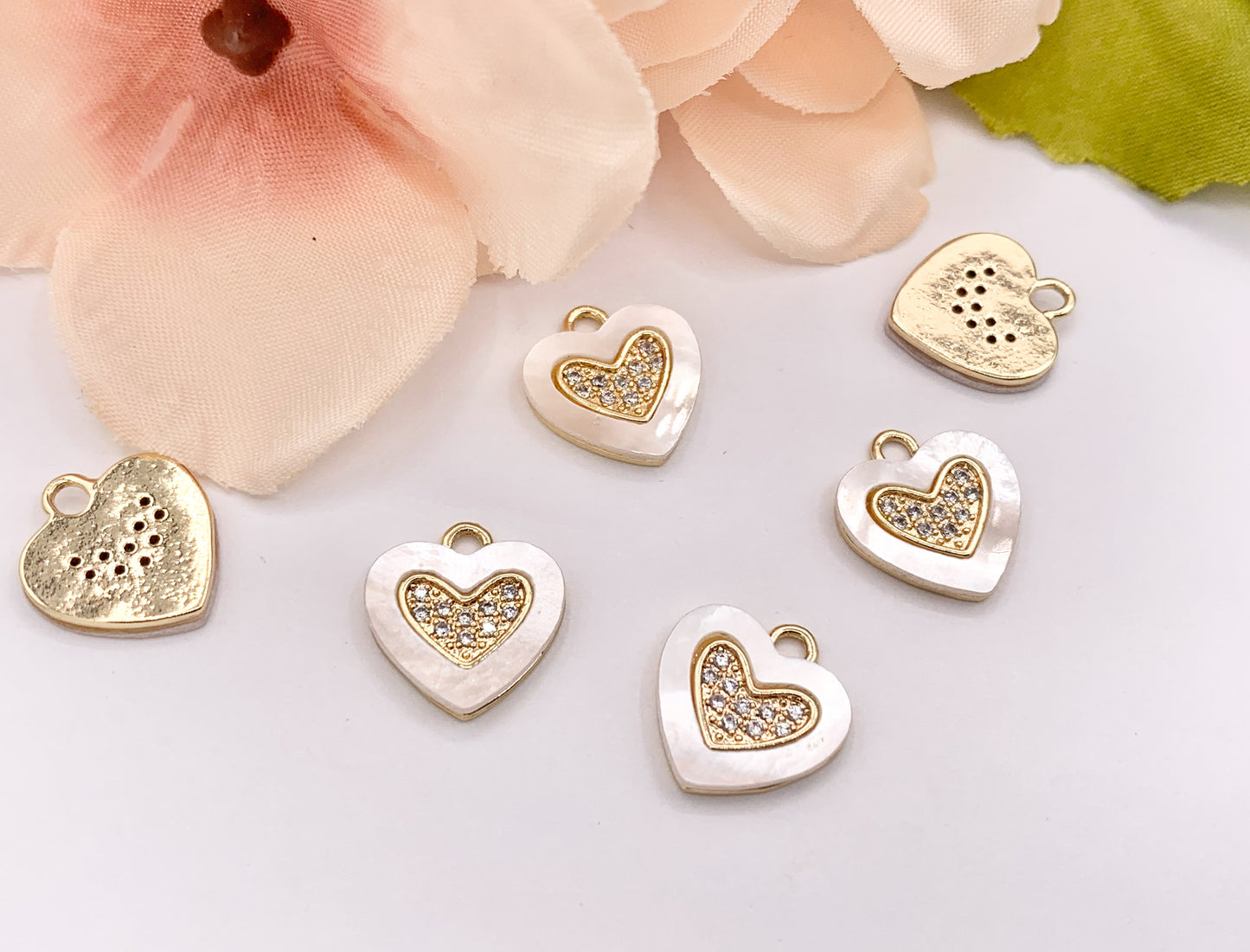 Shell Pearl Heart Charm in CZ Pave Real Gold 18K Plated Over Brass 8 PCS