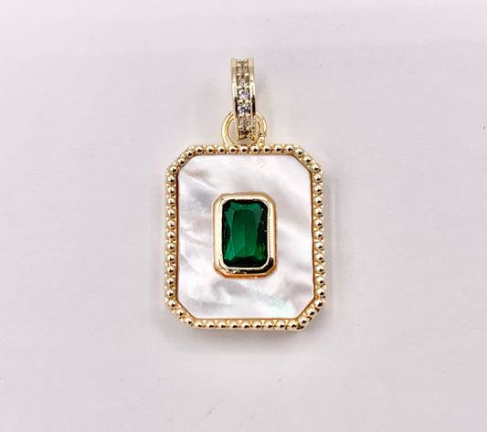 White Lip Shell Rectangle Pendants with Green CZ Pave in 18K Gold Plated over Copper 5 PCS