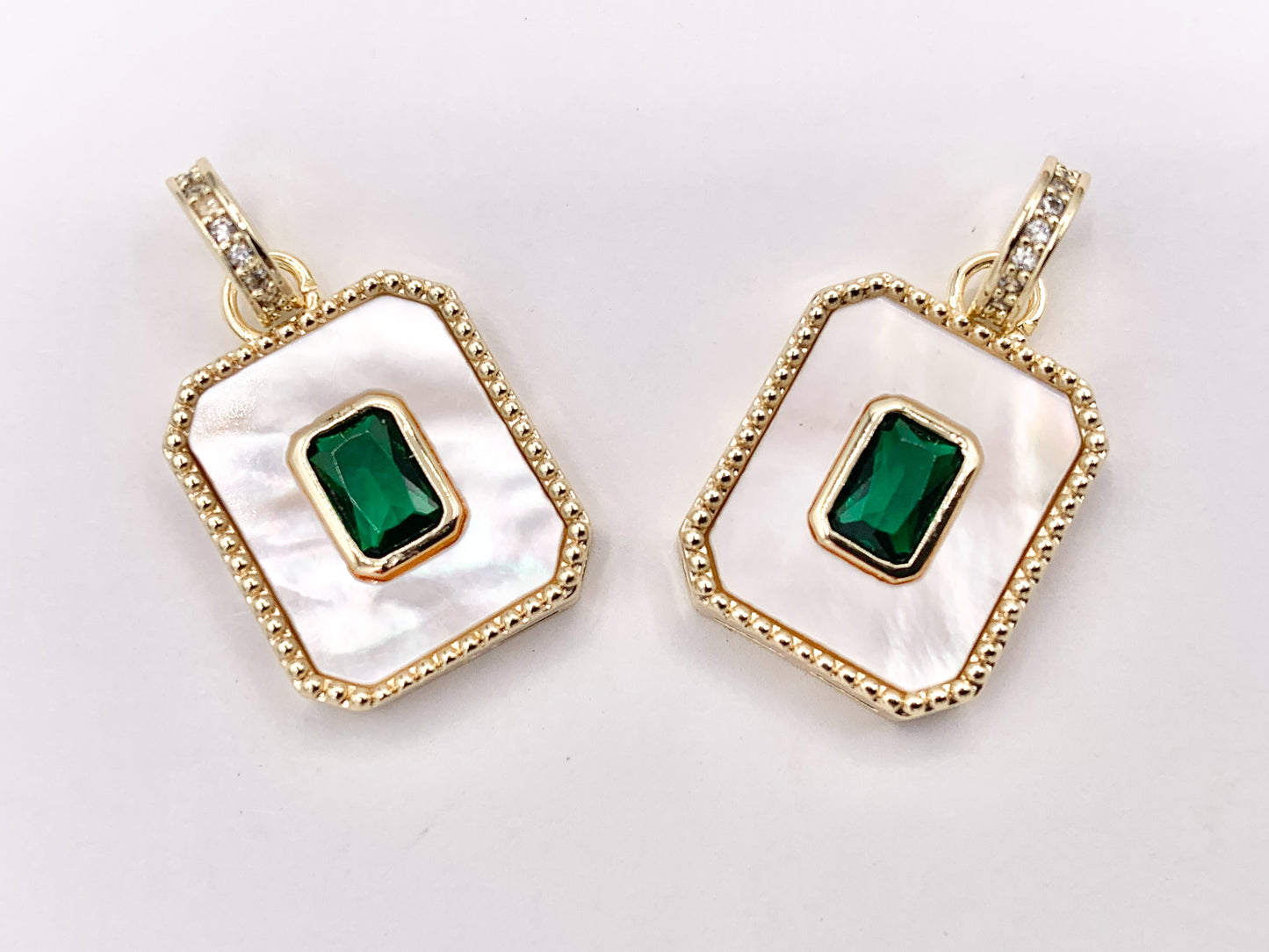 White Lip Shell Rectangle Pendants with Green CZ Pave in 18K Gold Plated over Copper 5 PCS