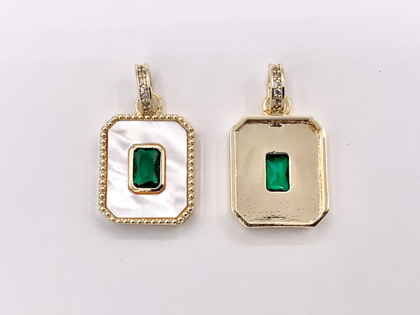 White Lip Shell Rectangle Pendants with Green CZ Pave in 18K Gold Plated over Copper 5 PCS