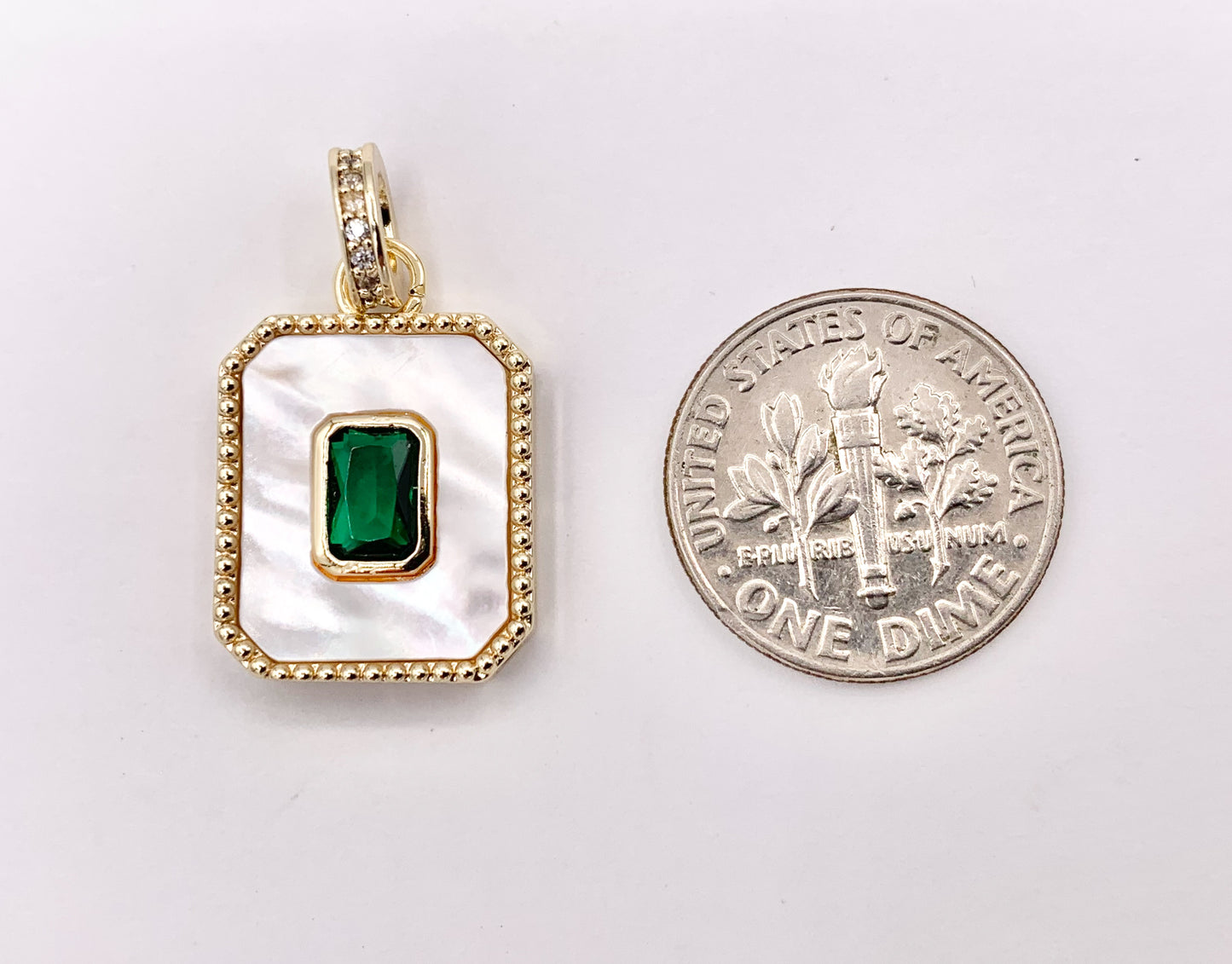 White Lip Shell Rectangle Pendants with Green CZ Pave in 18K Gold Plated over Copper 5 PCS