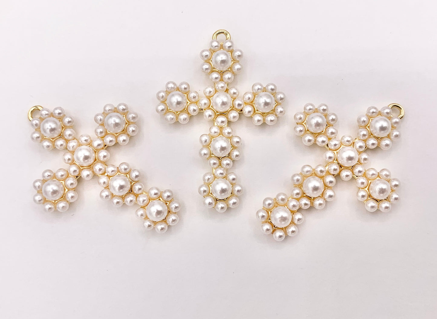 Cute Large Pearl Cross Charm in Real Gold 18K Plated Over Brass 6 PCS