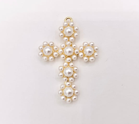 Cute Large Pearl Cross Charm in Real Gold 18K Plated Over Brass 6 PCS