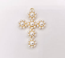 Load image into Gallery viewer, Cute Large Pearl Cross Charm in Real Gold 18K Plated Over Brass 6 PCS
