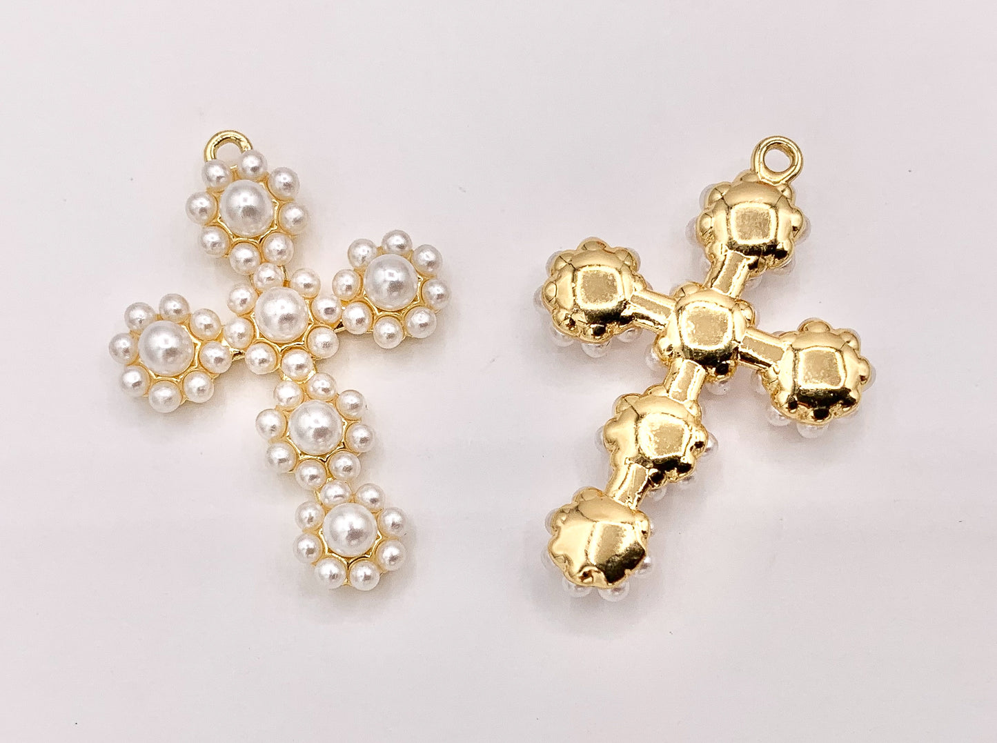 Cute Large Pearl Cross Charm in Real Gold 18K Plated Over Brass 6 PCS