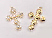 Load image into Gallery viewer, Cute Large Pearl Cross Charm in Real Gold 18K Plated Over Brass 6 PCS
