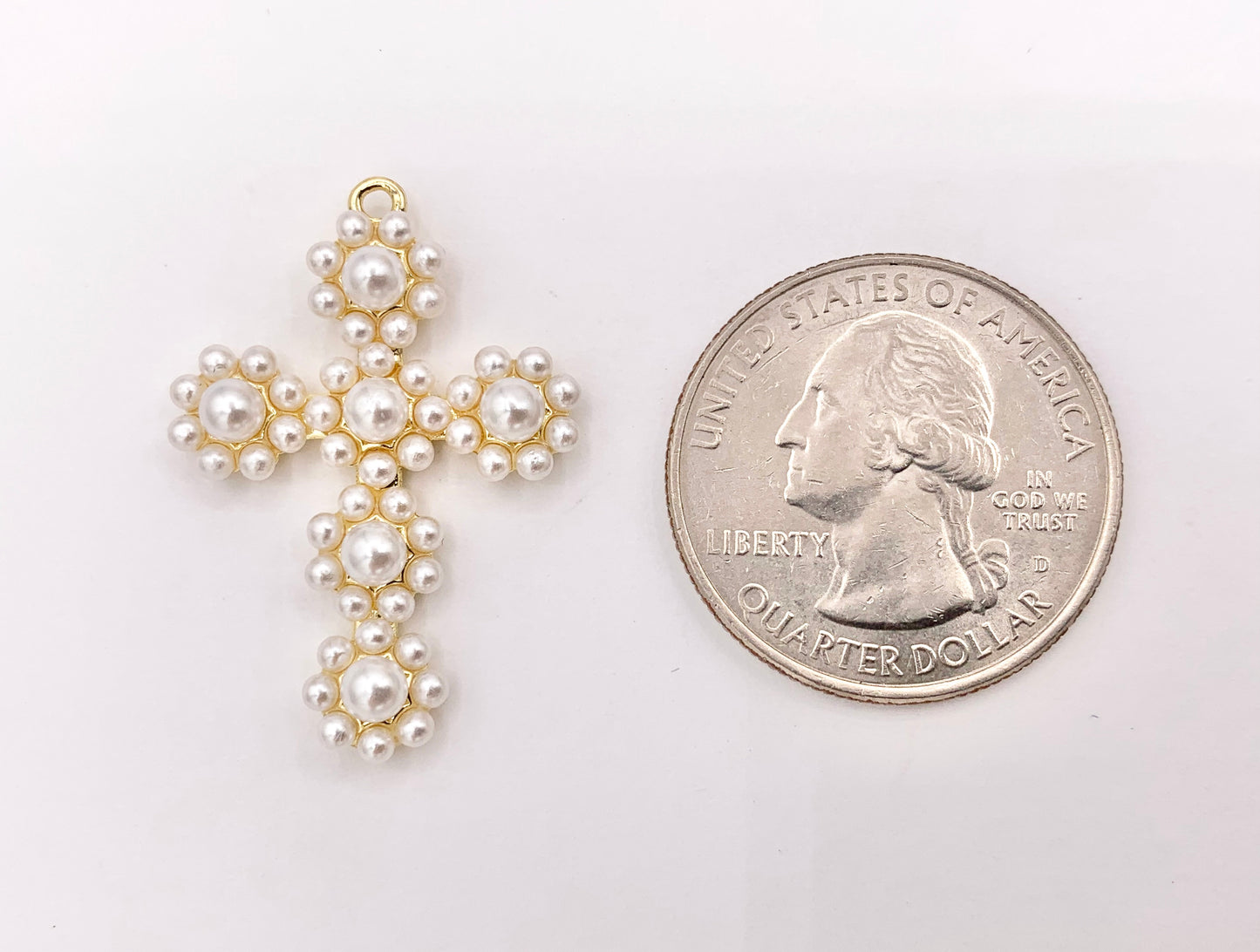 Cute Large Pearl Cross Charm in Real Gold 18K Plated Over Brass 6 PCS