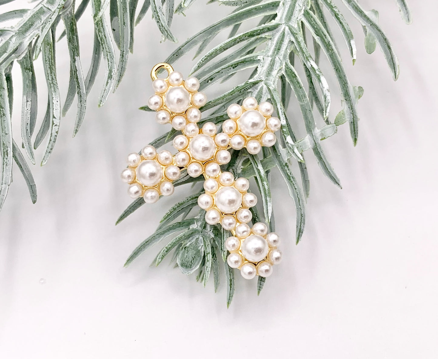 Cute Large Pearl Cross Charm in Real Gold 18K Plated Over Brass 6 PCS