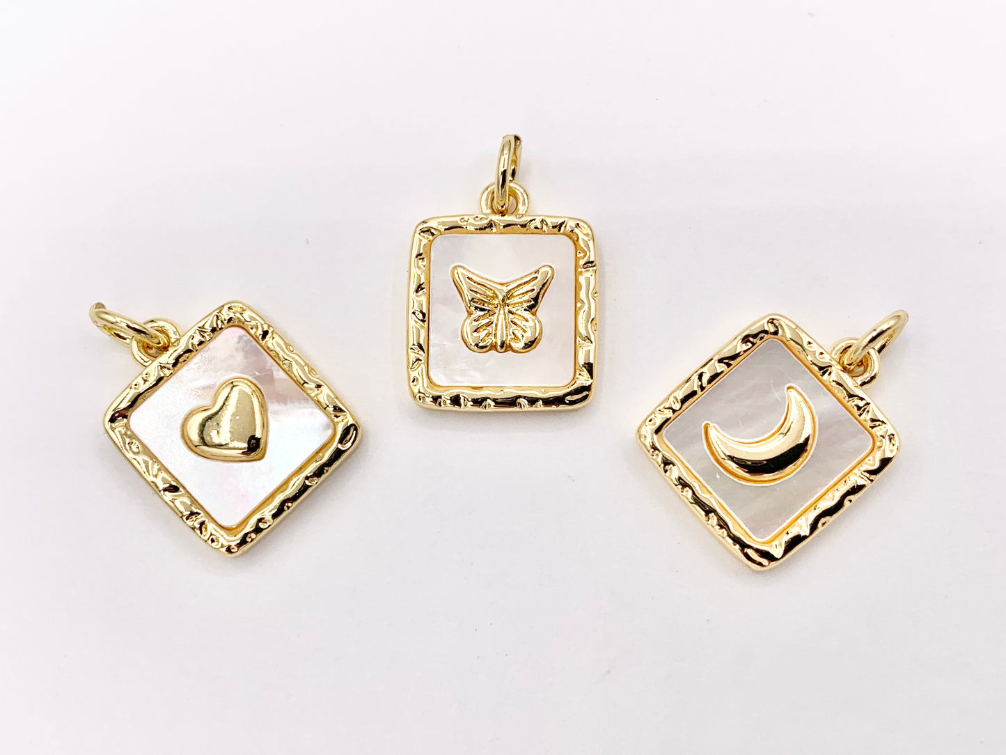 White Lip Shell Square Charms With Heart, Moon Crescent and Butterfly in 18K Gold Plated over Copper 6 PCS