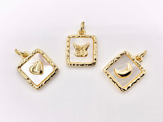 White Lip Shell Square Charms With Heart, Moon Crescent and Butterfly in 18K Gold Plated over Copper 6 PCS