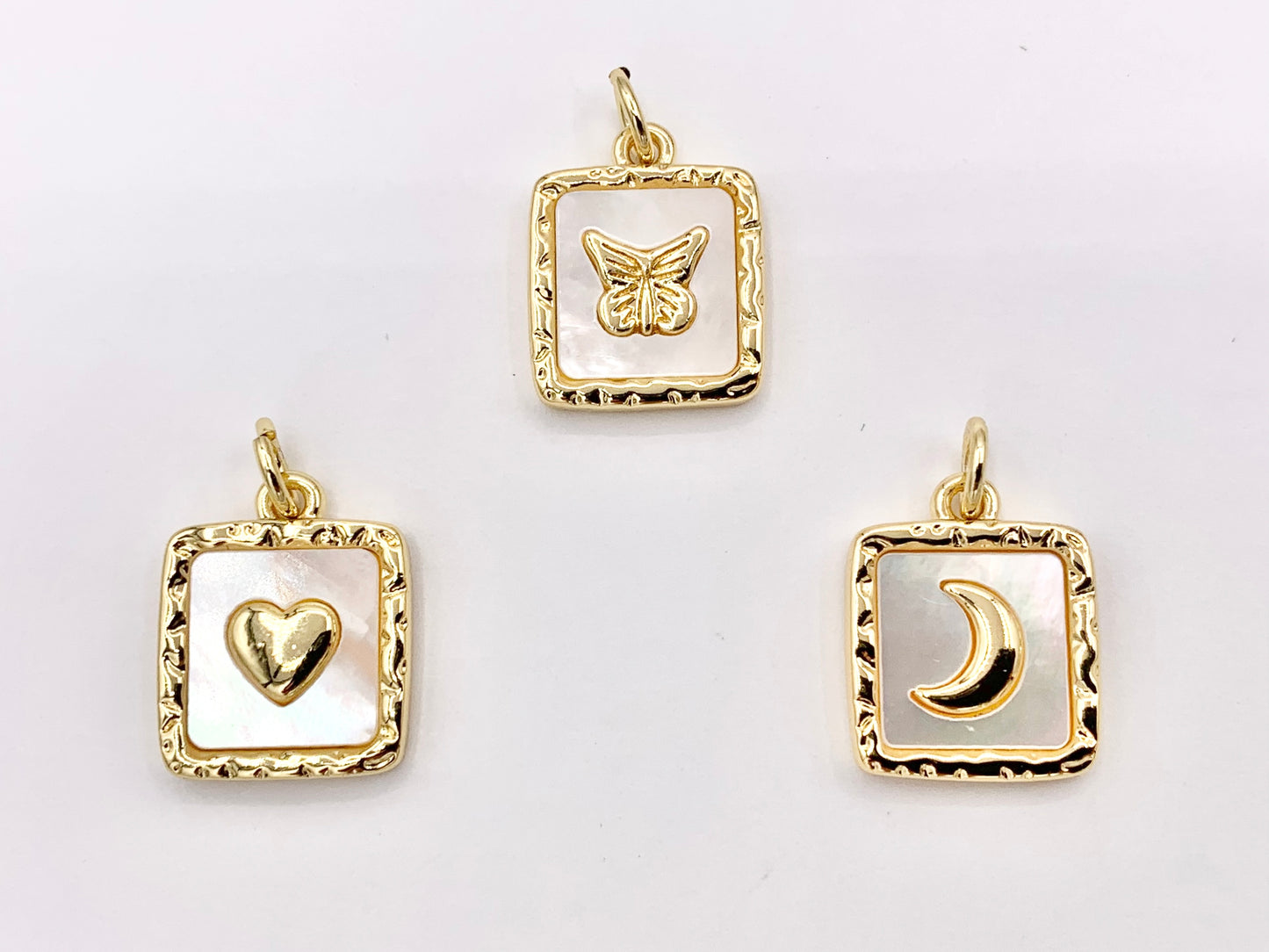 White Lip Shell Square Charms With Heart, Moon Crescent and Butterfly in 18K Gold Plated over Copper 6 PCS