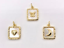 Cargar imagen en el visor de la galería, White Lip Shell Square Charms With Heart, Moon Crescent and Butterfly in 18K Gold Plated over Copper 6 PCS
