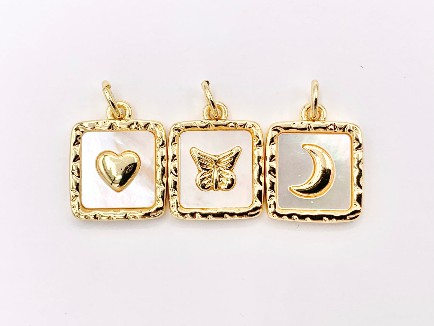 White Lip Shell Square Charms With Heart, Moon Crescent and Butterfly in 18K Gold Plated over Copper 6 PCS