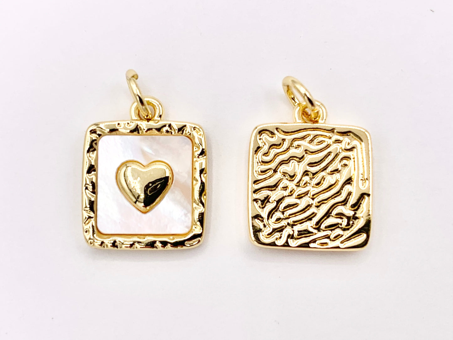 White Lip Shell Square Charms With Heart, Moon Crescent and Butterfly in 18K Gold Plated over Copper 6 PCS