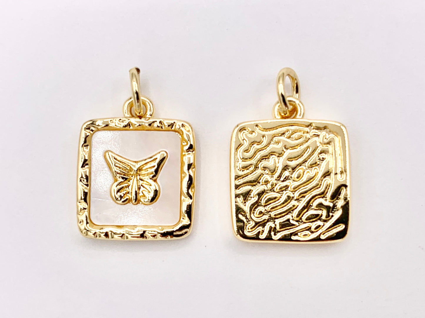 White Lip Shell Square Charms With Heart, Moon Crescent and Butterfly in 18K Gold Plated over Copper 6 PCS