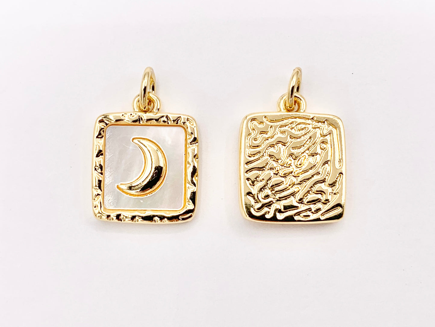 White Lip Shell Square Charms With Heart, Moon Crescent and Butterfly in 18K Gold Plated over Copper 6 PCS