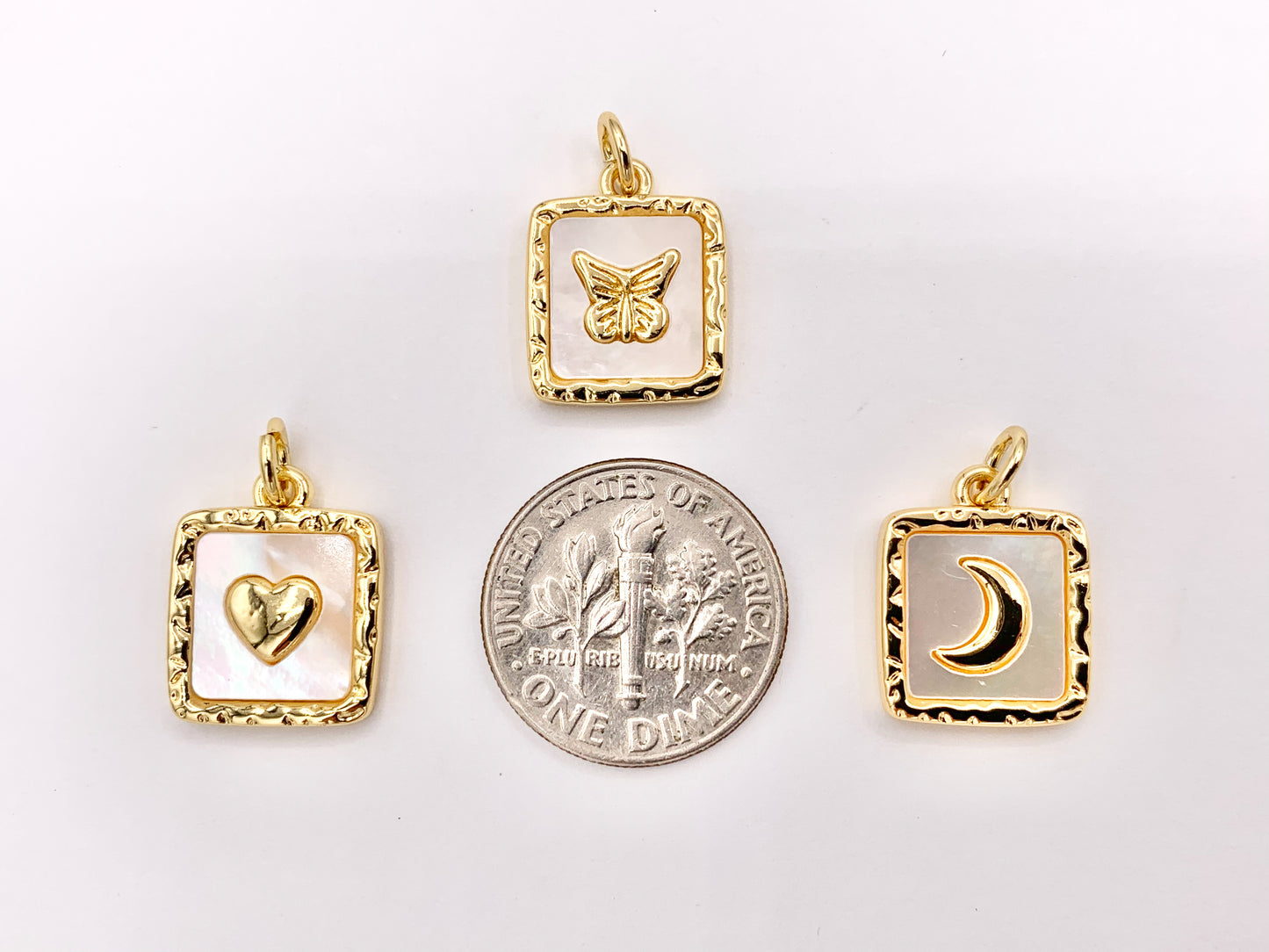 White Lip Shell Square Charms With Heart, Moon Crescent and Butterfly in 18K Gold Plated over Copper 6 PCS
