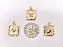 Cargar imagen en el visor de la galería, White Lip Shell Square Charms With Heart, Moon Crescent and Butterfly in 18K Gold Plated over Copper 6 PCS

