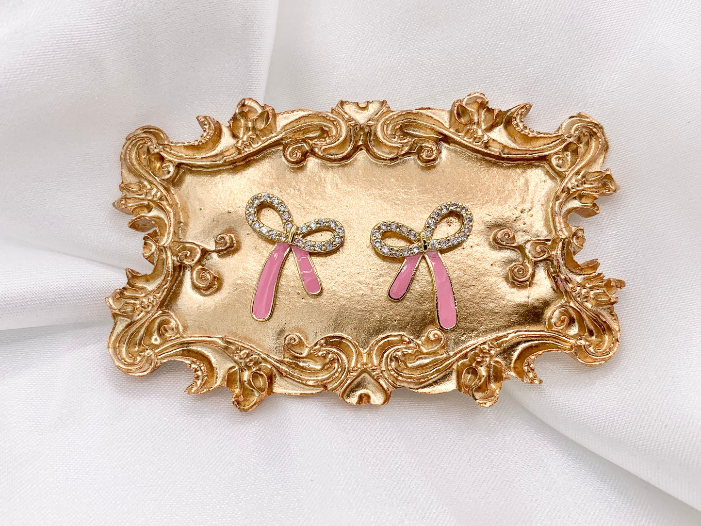 Cute Enamel Bowtie Earring Studs White & Pink Bow Tie Studs in CZ Pave 18K Gold Plated Over Copper Earrings 5 PAIRS