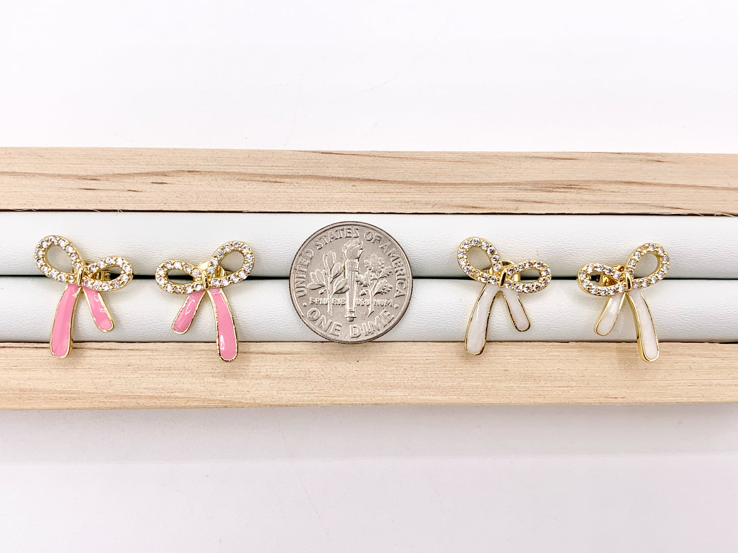 Cute Enamel Bowtie Earring Studs White & Pink Bow Tie Studs in CZ Pave 18K Gold Plated Over Copper Earrings 5 PAIRS