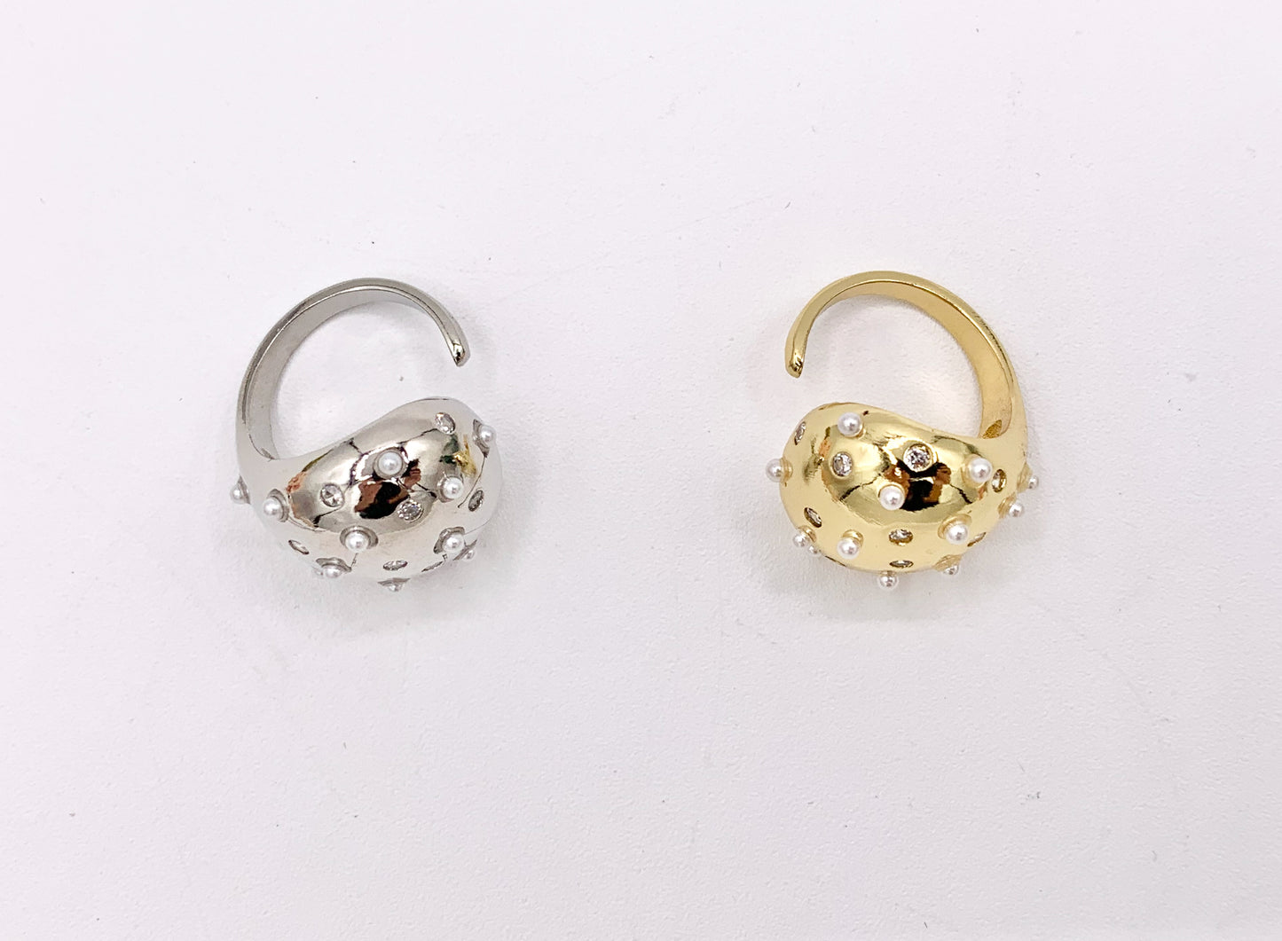 Chunky Drop Bypass Ring With CZ and Pearls in 18K Gold And Platinum Plated Brass 4PCS