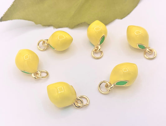 Cute Yellow Enamel Lemon Charms 3D Puffy Fruit Charms in 18K Gold Plated Over Copper 10 PCS
