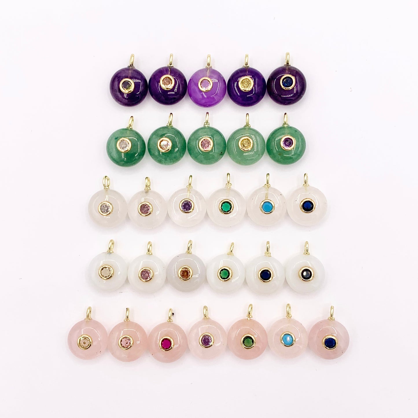 14mm Natural Gemstone Puffy Coin Shape Charm with Colorful CZ Pave | Amethyst/ Aventurine/ Clear Quartz/ Opal/ Rose Quartz 1 PC