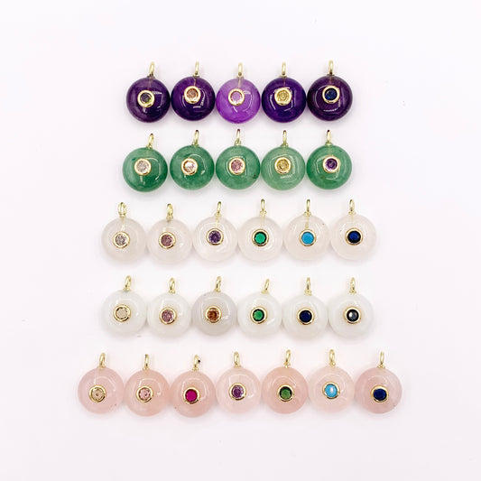 14mm Natural Gemstone Puffy Coin Shape Charm with Colorful CZ Pave | Amethyst/ Aventurine/ Clear Quartz/ Opal/ Rose Quartz 1 PC