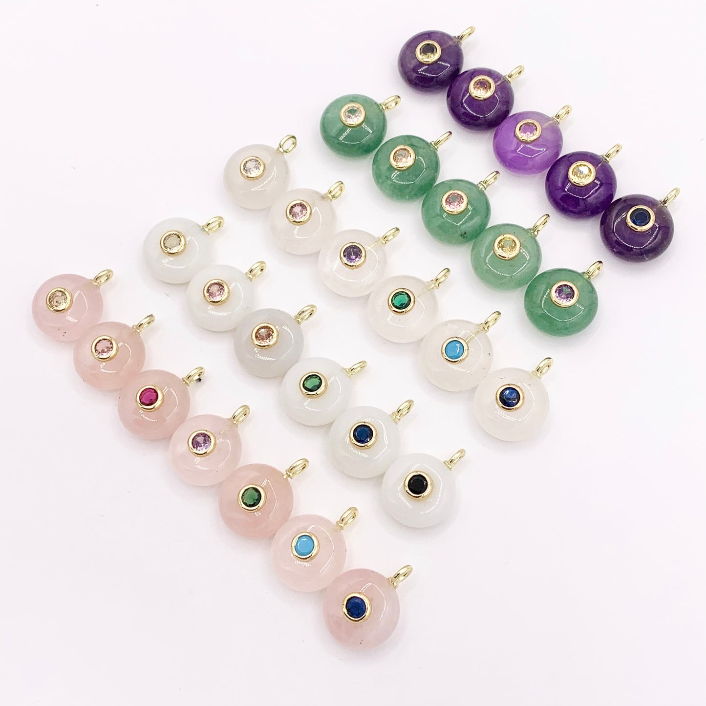 14mm Natural Gemstone Puffy Coin Shape Charm with Colorful CZ Pave | Amethyst/ Aventurine/ Clear Quartz/ Opal/ Rose Quartz 1 PC