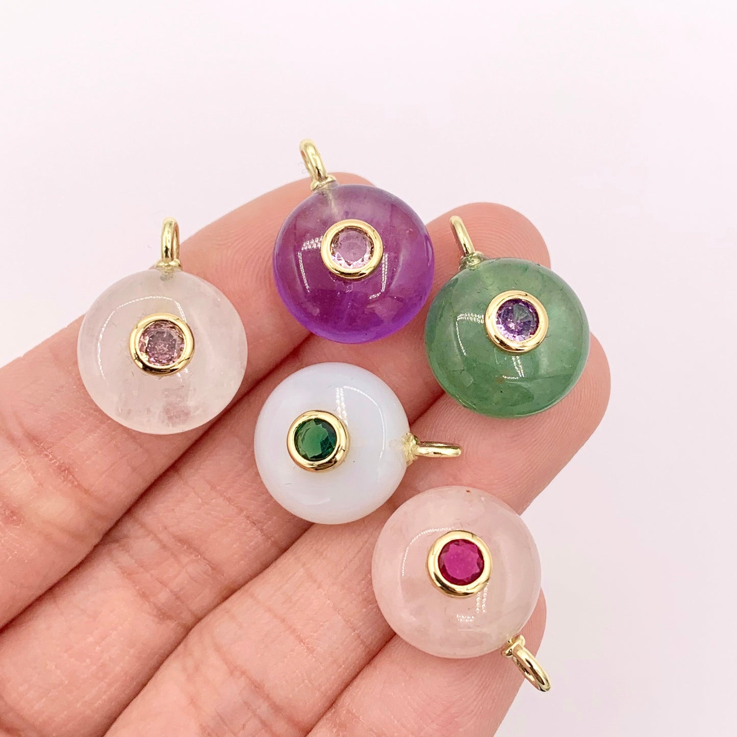14mm Natural Gemstone Puffy Coin Shape Charm with Colorful CZ Pave | Amethyst/ Aventurine/ Clear Quartz/ Opal/ Rose Quartz 1 PC