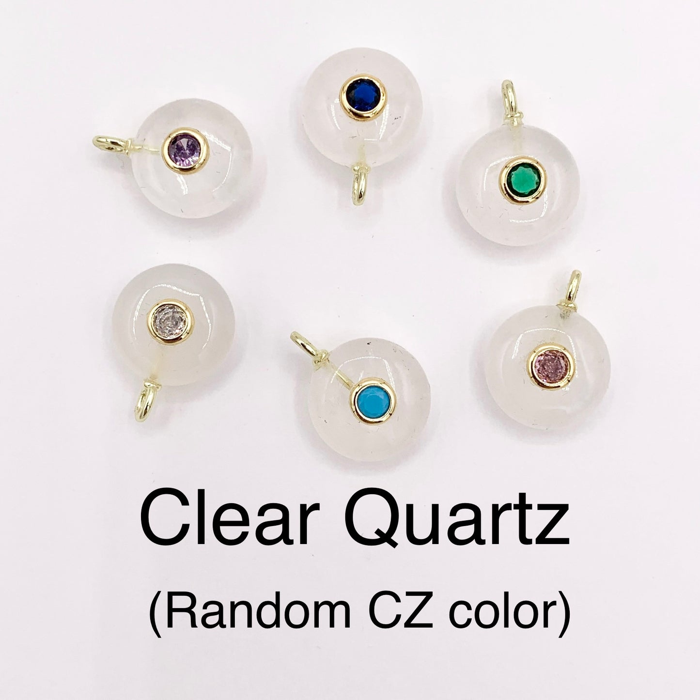 14mm Natural Gemstone Puffy Coin Shape Charm with Colorful CZ Pave | Amethyst/ Aventurine/ Clear Quartz/ Opal/ Rose Quartz 1 PC