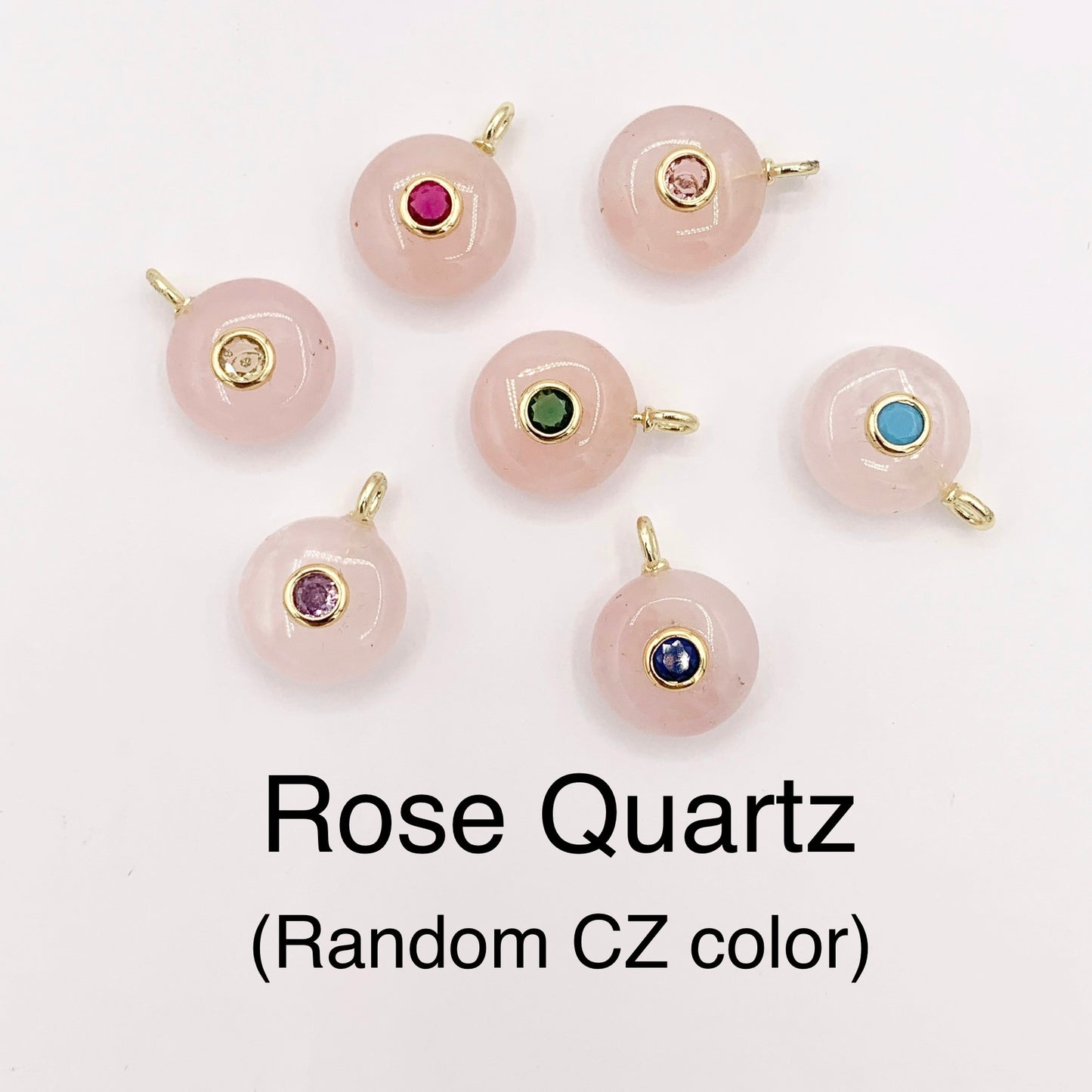 14mm Natural Gemstone Puffy Coin Shape Charm with Colorful CZ Pave | Amethyst/ Aventurine/ Clear Quartz/ Opal/ Rose Quartz 1 PC