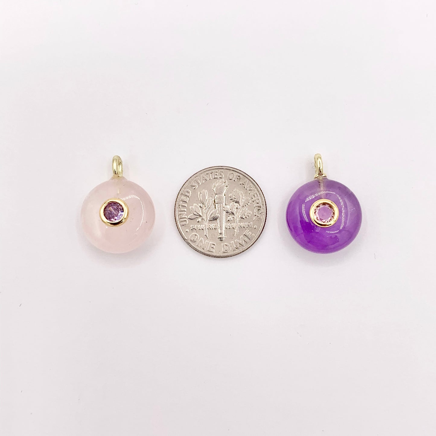14mm Natural Gemstone Puffy Coin Shape Charm with Colorful CZ Pave | Amethyst/ Aventurine/ Clear Quartz/ Opal/ Rose Quartz 1 PC
