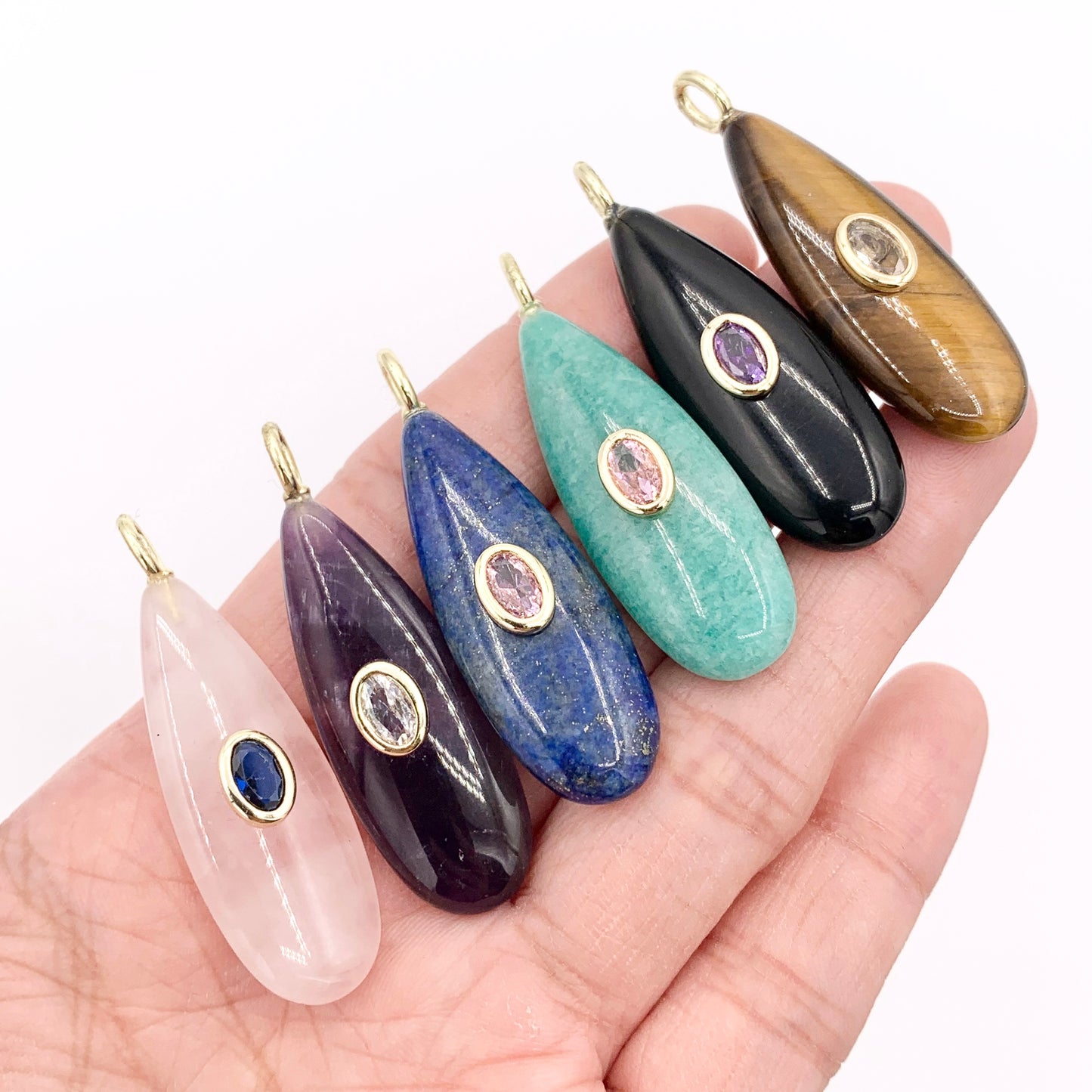 13x35mm Natural Gemstone Puffy Teardrop Shape Charm with Colorful CZ Pave | Amethyst/ Lapis/ Black Obsidian/ Tiger's Eye & More 1 PC